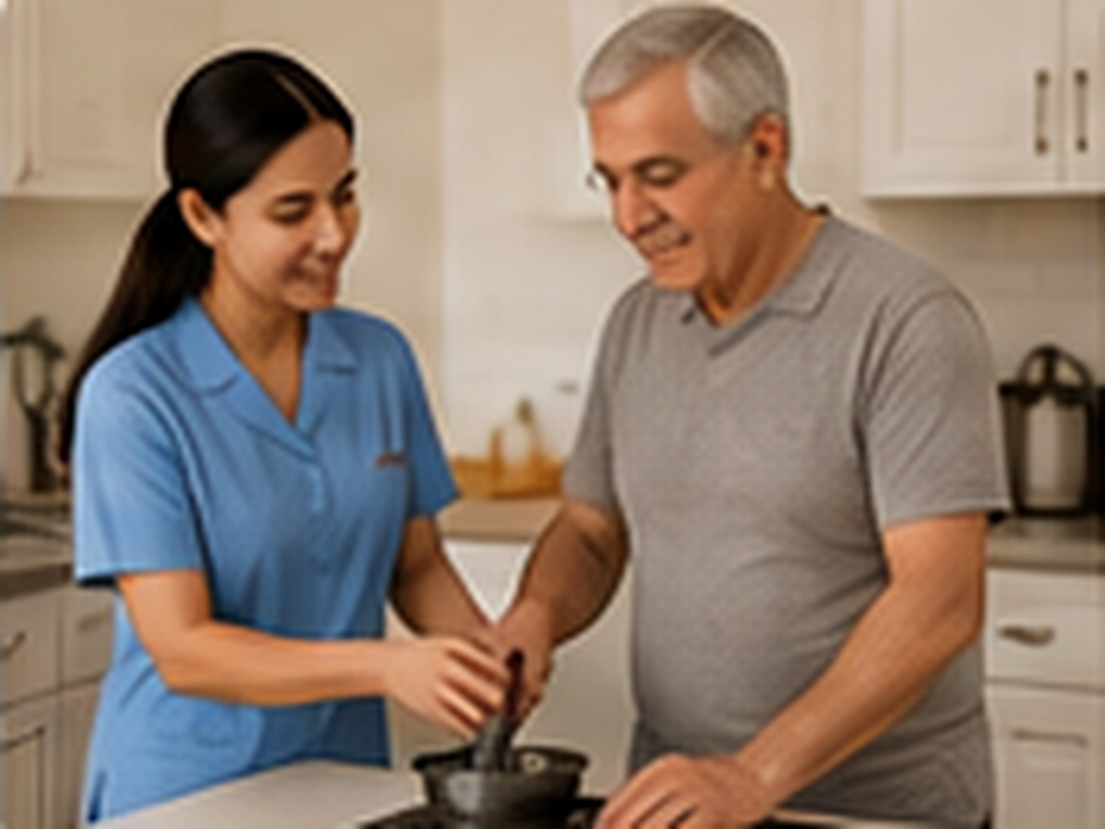 Occupational therapist supporting an adult during a kitchen task after stroke