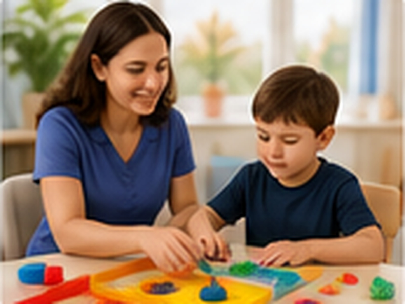 Occupational therapist and child using sensory play materials at a table